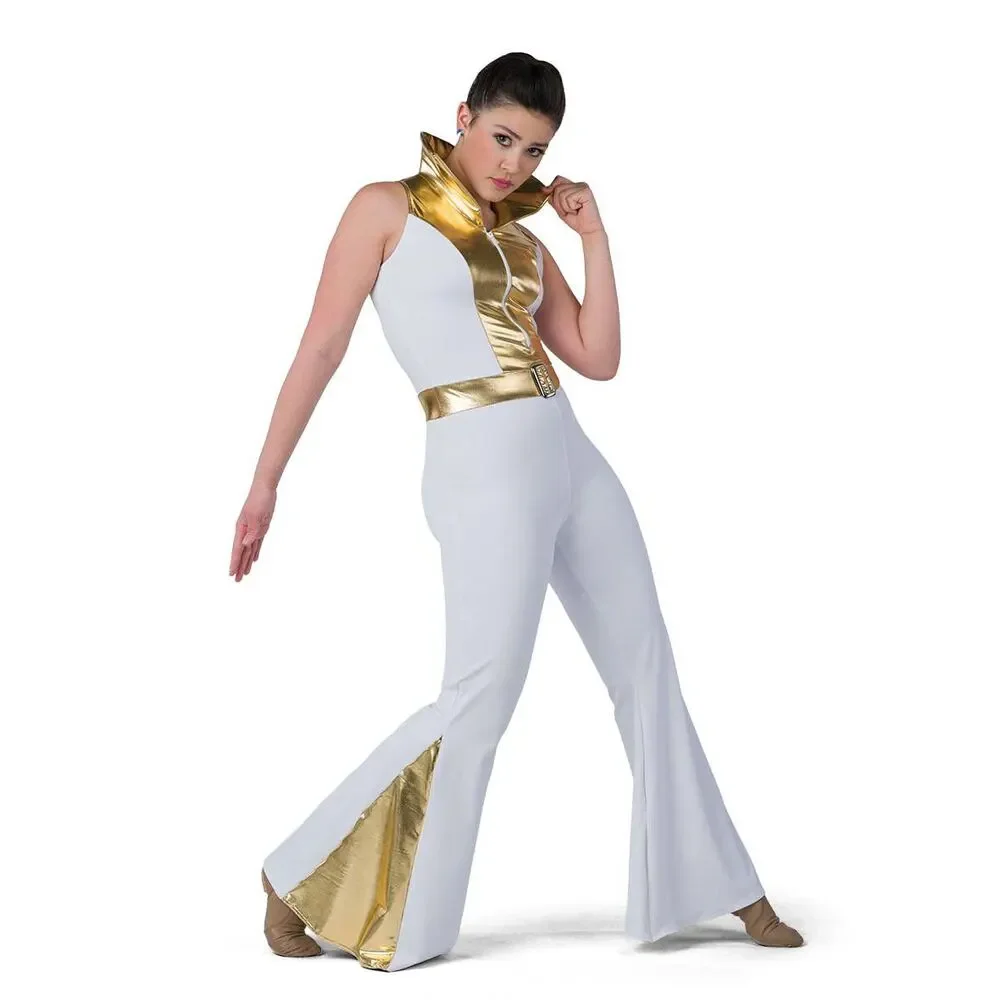 Pre-Owned Dance Costume AWCT 24292 Medium Child White Jumpsuit Jazz Tap Rhinest